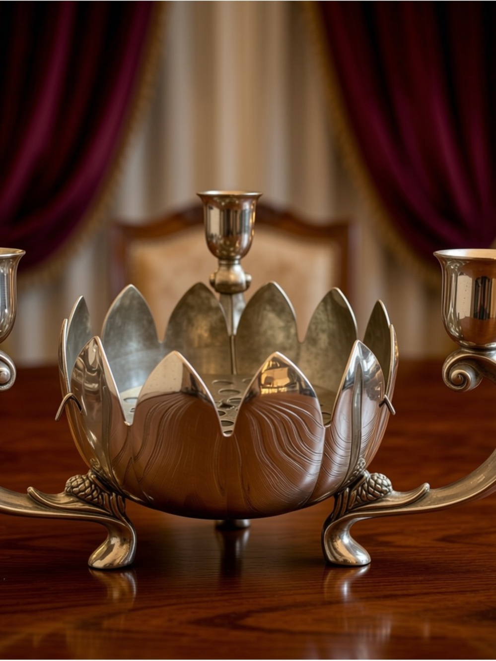 Vintage Brass Plated Silver Toned Lotus Floral Centerpiece & 3 Arm candelabra